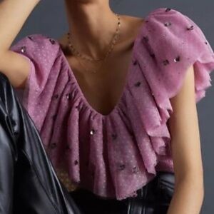 Anthropologie Maeve size tulle ruffle top smocked embellished pink v-neck